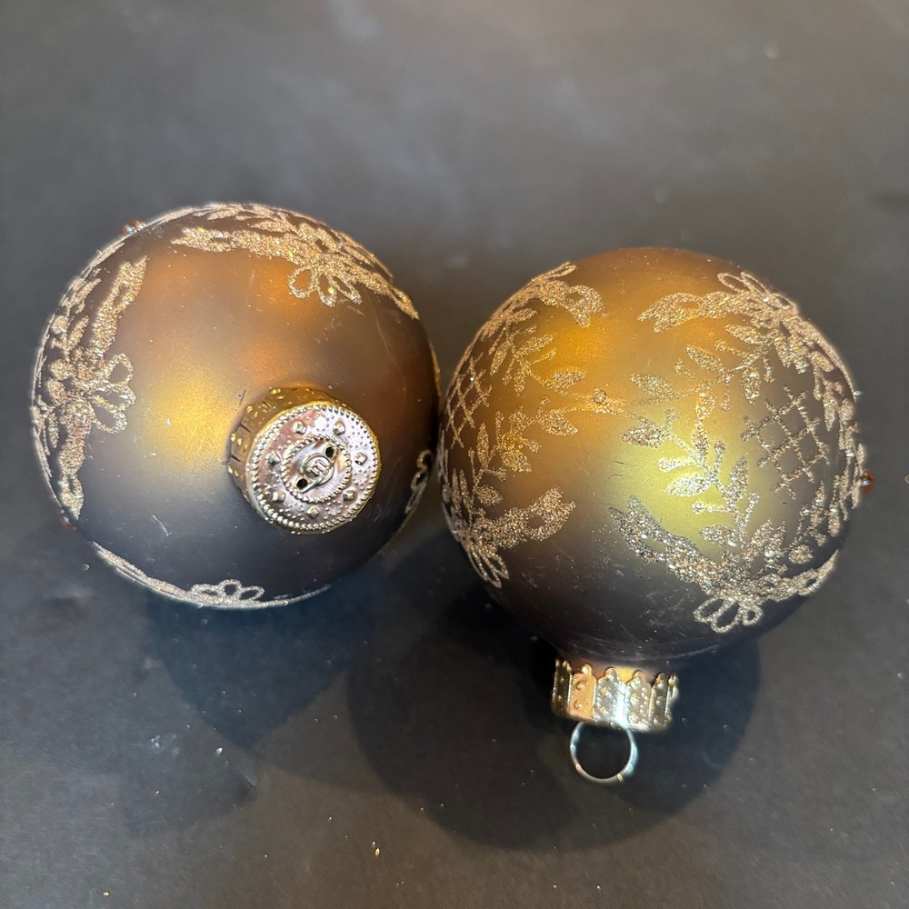 Vintage Glass Ball Ornaments Set 2 Bronze Gold Glitter Filigree